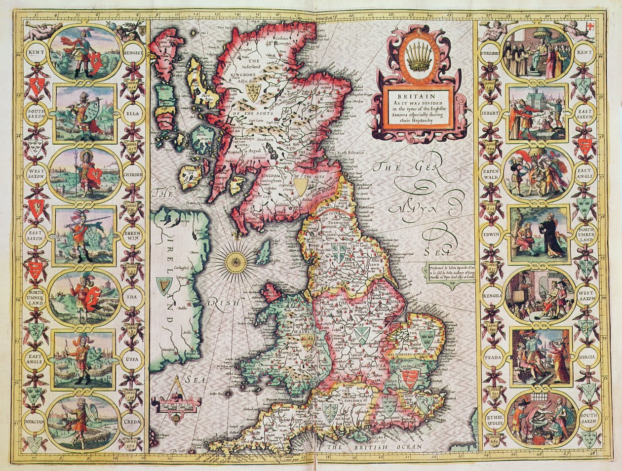 Britannien, wie es zur Zeit der englischen Sachsen, insbesondere während ihrer Heptarchie, aufgeteilt war von John Speed