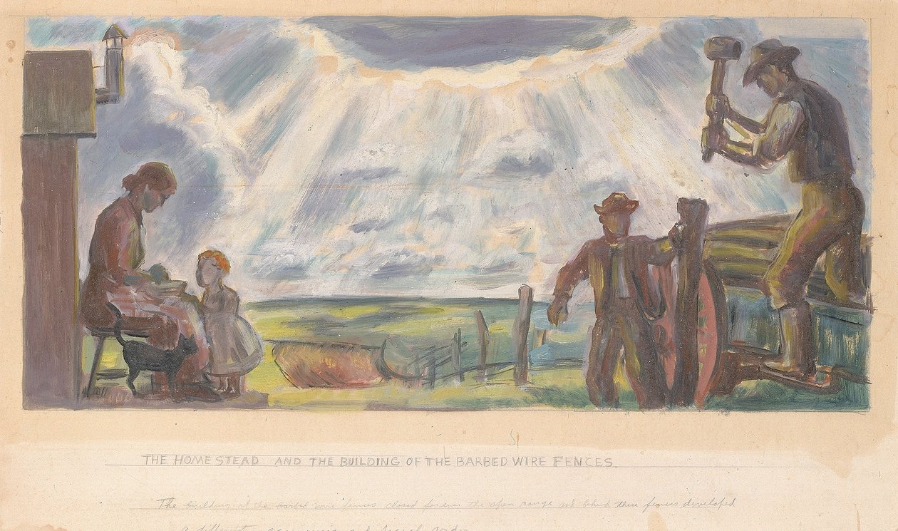 Das Gehöft und der Bau der Stacheldrahtzäune (Wandbildstudie für das Innengebäude, General Land Office, Washington, D.C.) von John Steuart Curry
