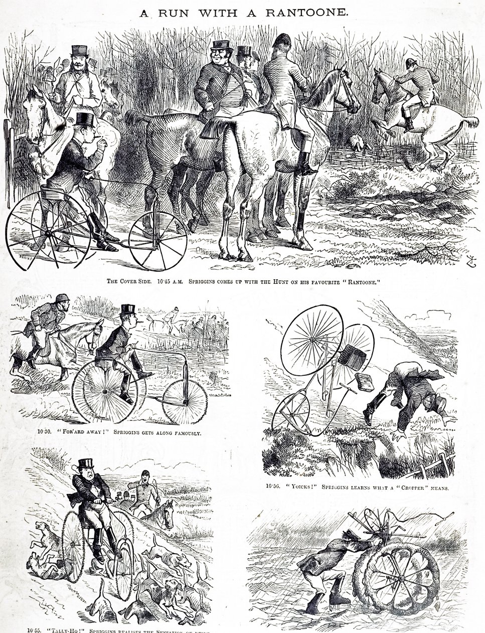 Eine Karikatur, die einen Mann zeigt, der auf einem Dreirad jagt. Illustriert von John Tenniel (1820-1914), ein englischer Illustrator, Grafikhumorist und politischer Karikaturist von John Tenniel