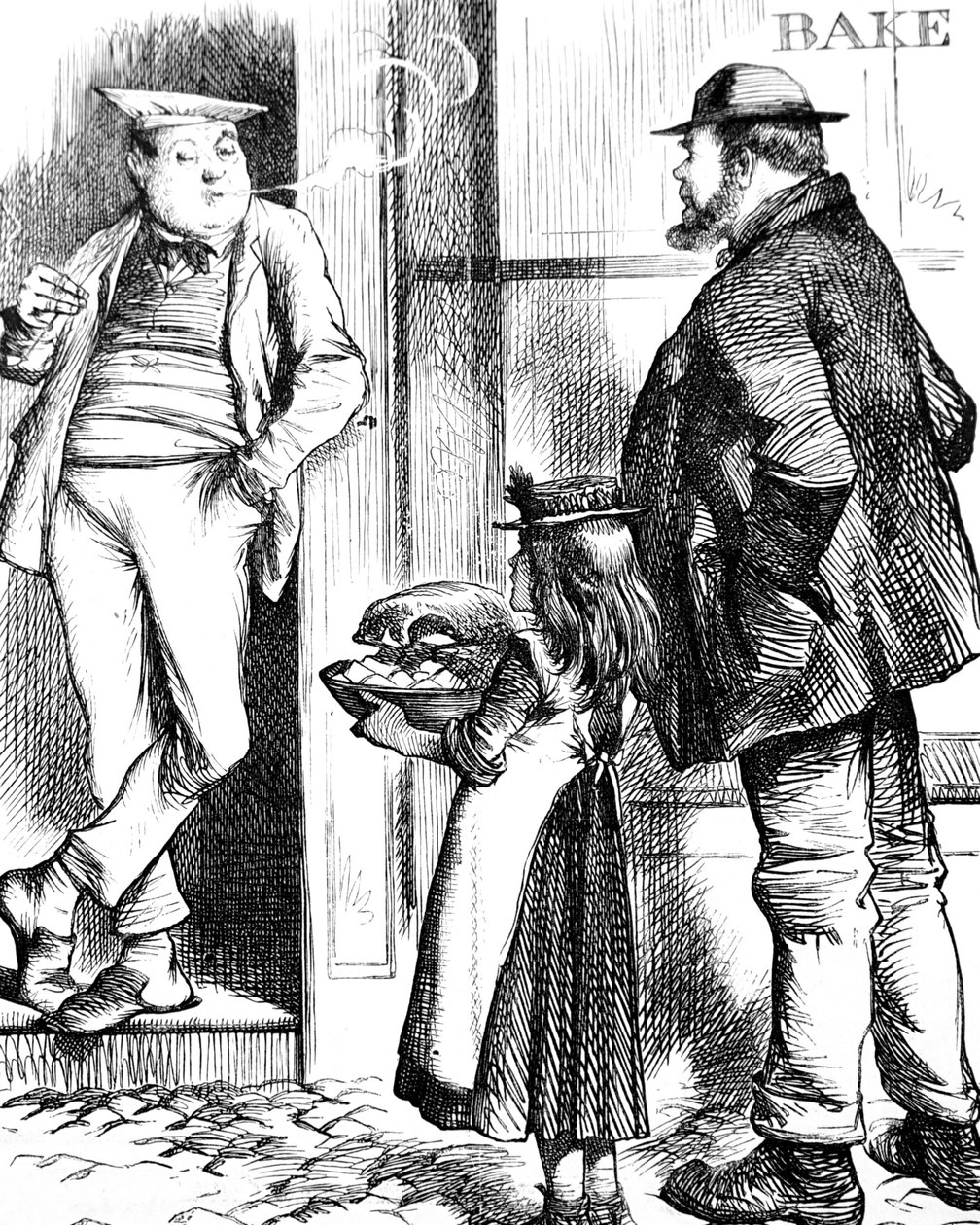 Ein Vater und eine Tochter bringen Essen zum örtlichen Bäcker zum Braten von John Tenniel