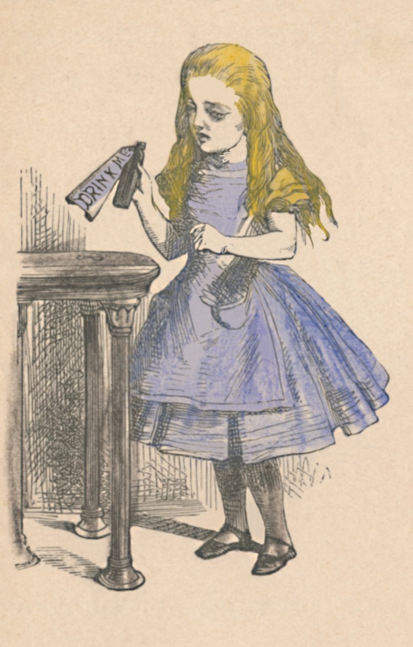 Alice schaut auf die Flasche mit dem Schild Trink mich, 1889 von John Tenniel