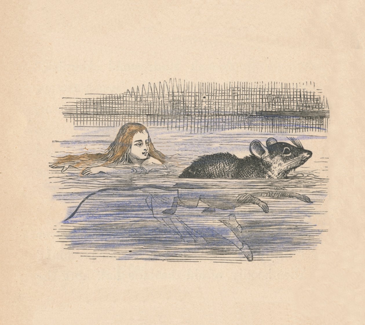Alice schwimmt mit einer Maus in einem Teich, 1889 von John Tenniel