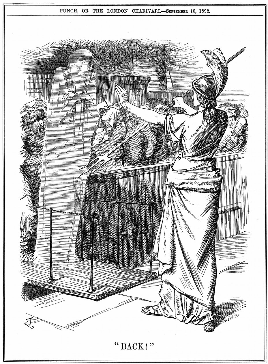 Britannia hält Cholera an britischen Häfen zurück. Beim Ausbruch von 1892 starben etwa 260.000 in Russland und 7.600 in Hamburg. Die Epidemie wurde in Großbritannien verhindert. John Tenniel Karikatur aus Punch London, 10. September 1892. von John Tenniel
