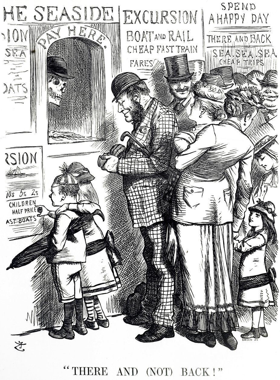 Karikatur, die die Häufigkeit von Unfällen in überfüllten Ausflugszügen kommentiert von John Tenniel