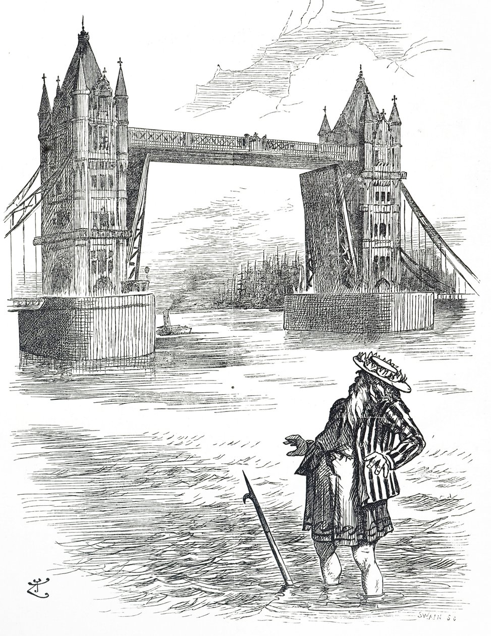 Karikatur von Vater Thames, der die Tower Bridge in London bewundert von John Tenniel