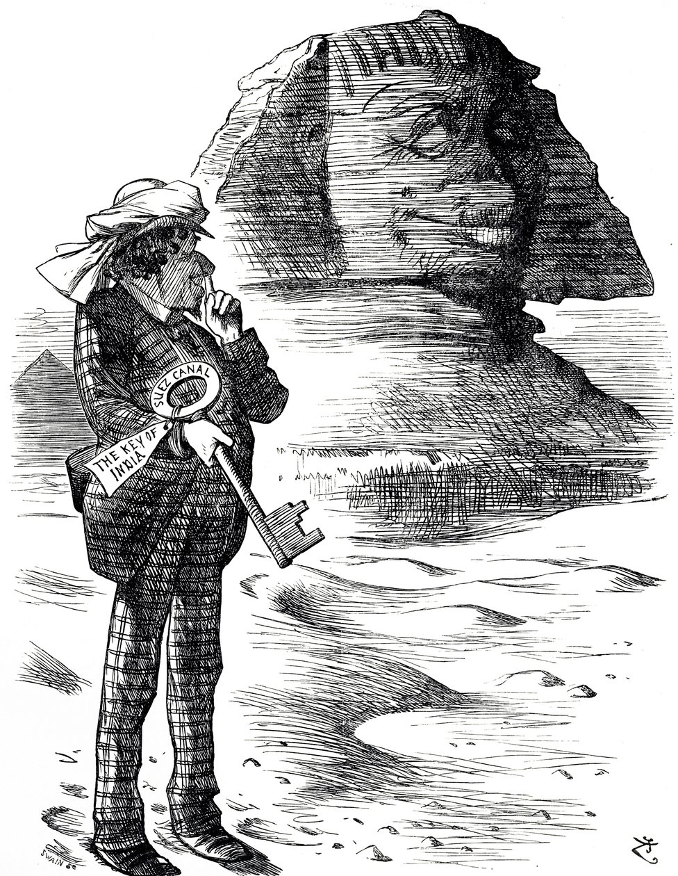 Karikatur, die Premierminister Benjamin Disraeli zeigt, wie er den Suezkanal als Schlüssel zum britischen Besitz und Einfluss in Indien hält von John Tenniel