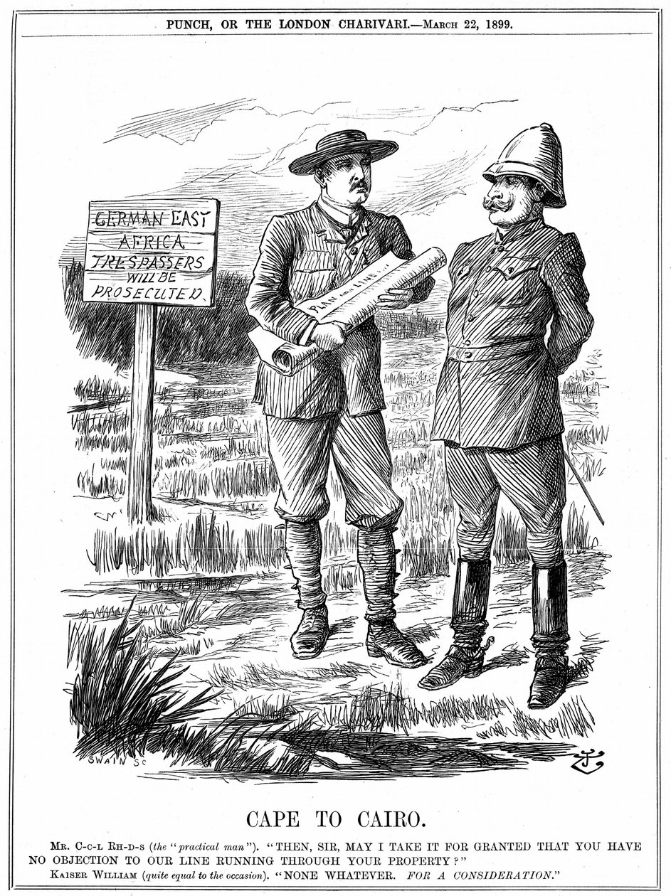 Cecil John Rhodes bittet den deutschen Kaiser um Erlaubnis, eine Telegrafenleitung durch Deutsch-Ostafrika zu verlegen. Cape To Cairo, Karikatur von John Tenniel aus 
