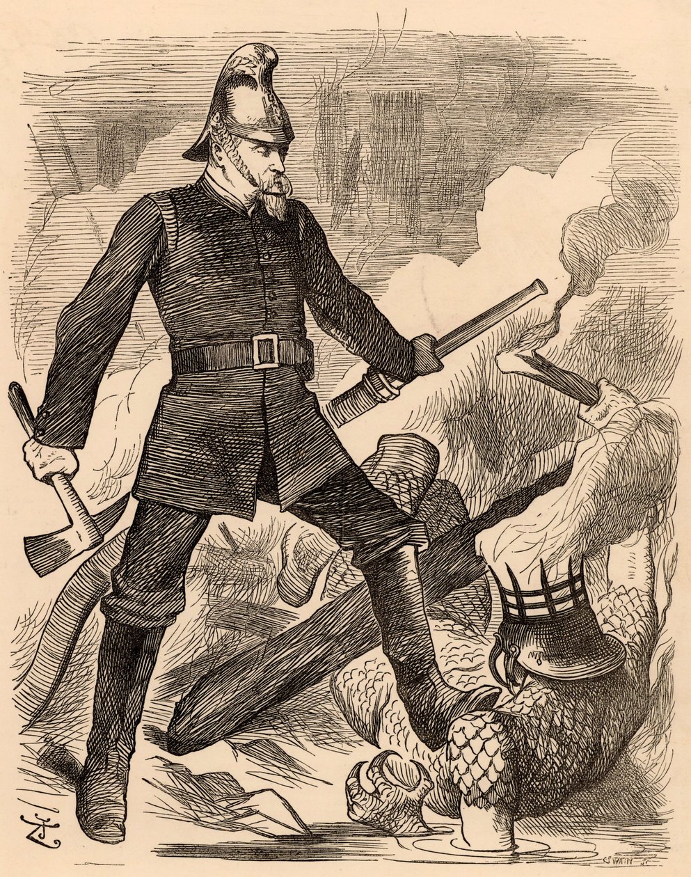 Eyre Massey Shaw bekämpft Feuer, aus "Punch" London, 20. August 1887 (Gravur) von John Tenniel