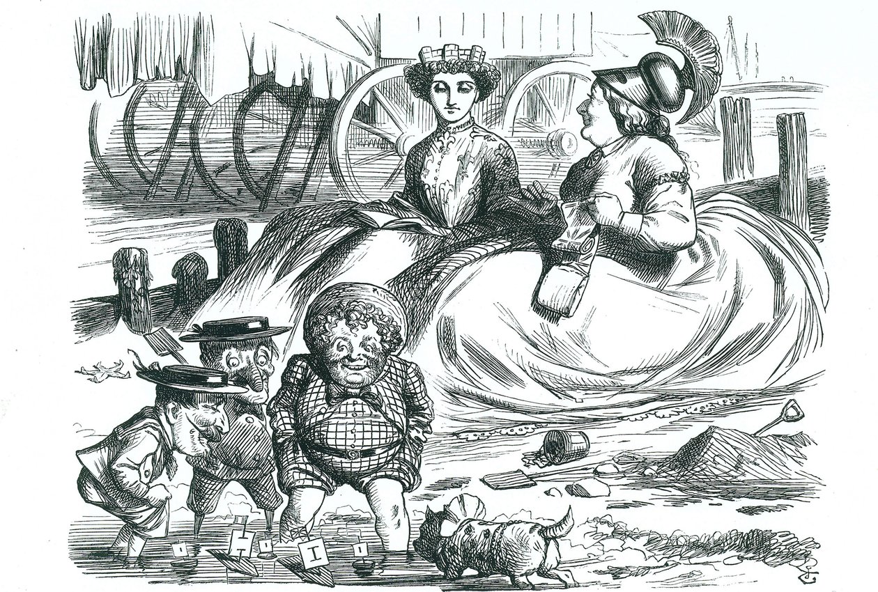 Frankreich und Großbritannien beobachten die Kinder (John Bull, Mr. Punch und Napoleon III). Dieses Jahr markierte 50 Jahre Frieden zwischen Frankreich und Großbritannien und den Beginn der Entente Cordiale. John Tenniel Karikatur aus 