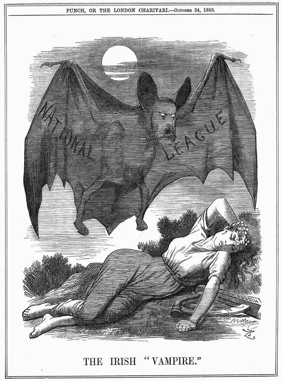 Irische National League, mit dem Gesicht von Charles Stewart Parnell (1846-1891), dargestellt als Vampir, der sich an Irland vergreift. John Tenniel Karikatur aus Punch London, 24. Oktober 1885. Gravur von John Tenniel