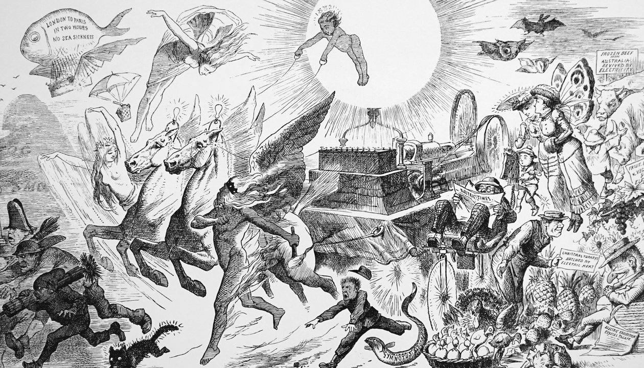 Mr. Punchs Traum von Elektrizität, die alles vor sich her fegt von John Tenniel