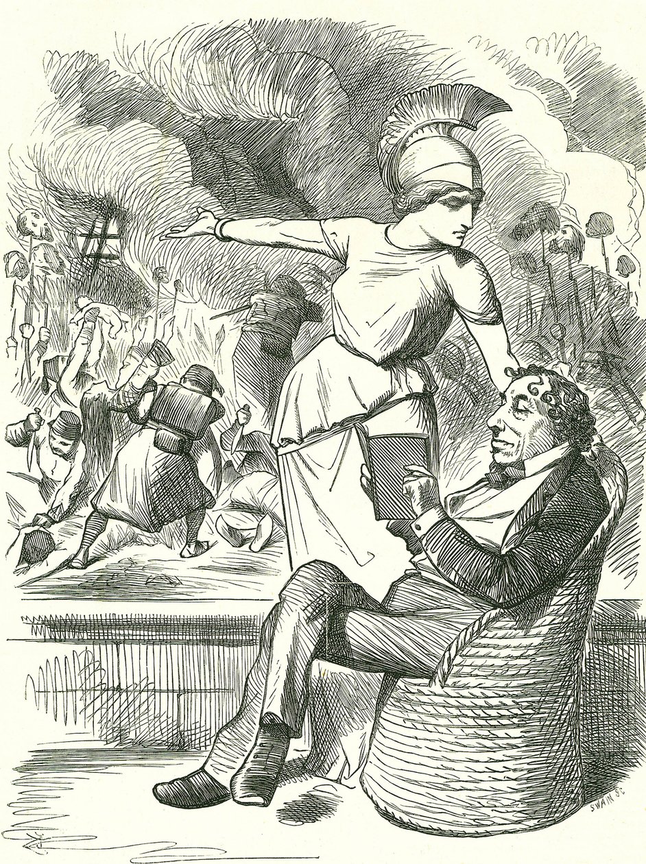 Neutralität unter Schwierigkeiten: Benjamin Disraeli, britischer konservativer Premierminister, weigert sich, Maßnahmen im Russisch-Türkischen Krieg zu ergreifen. John Tenniel Karikatur aus 