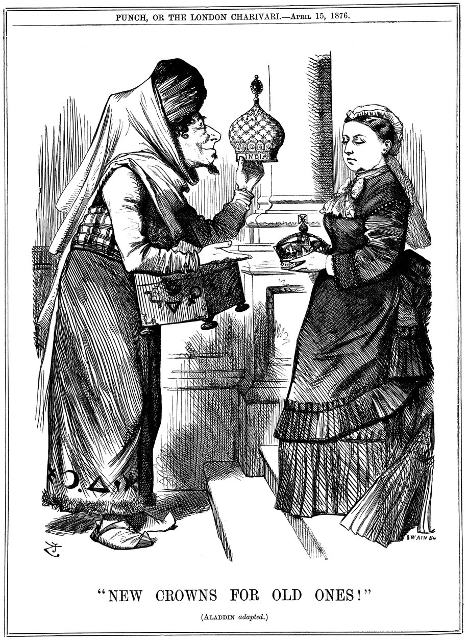 Neue Kronen für alte!, Benjamin Disraeli bietet Königin Victoria die Krone von Indien an, 1876 von John Tenniel