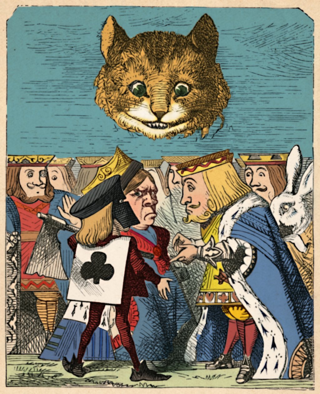 Die Grinsekatze schaut auf den Roten König und die Rote Königin, die streiten, 1889 von John Tenniel