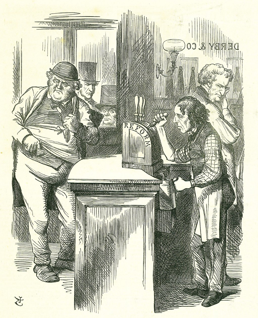 Der ehrliche Topfjunge: Reform des Parlaments - Erweiterung des Wahlrechts. Disraeli serviert John Bull die Reform, beobachtet von seiner parlamentarischen Opposition. Er führte und verabschiedete sein Reformgesetz. Tenniel Karikatur aus Punch, London von John Tenniel