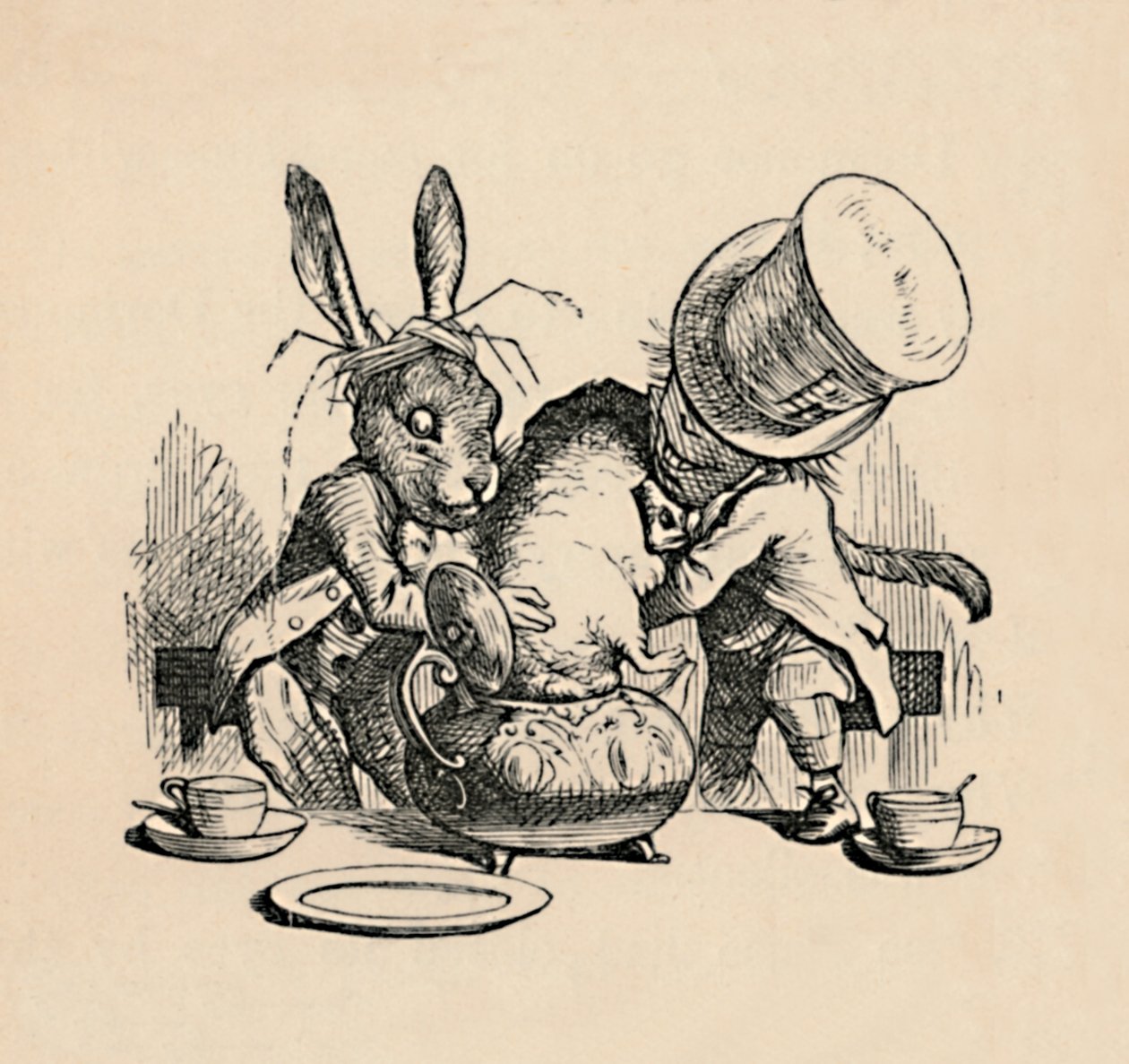 Der verrückte Hutmacher und der März-Hase versuchen, das Murmeltier in eine Teekanne zu stecken, 1889 von John Tenniel