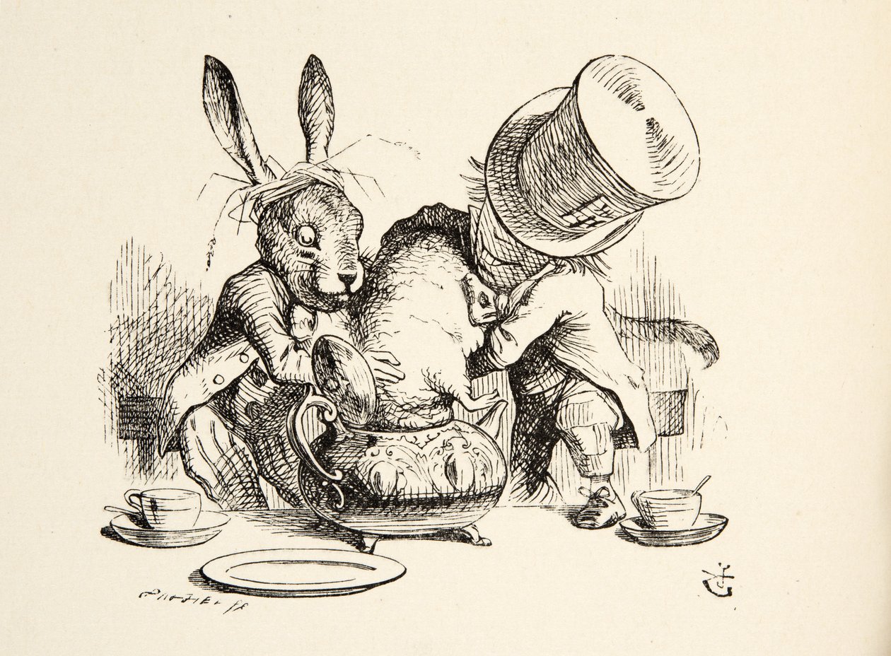 Der verrückte Hutmacher und der März-Hase stecken die Schlafmaus in die Teekanne, aus Alice im Wunderland von Lewis Carroll, veröffentlicht 1891 von John Tenniel