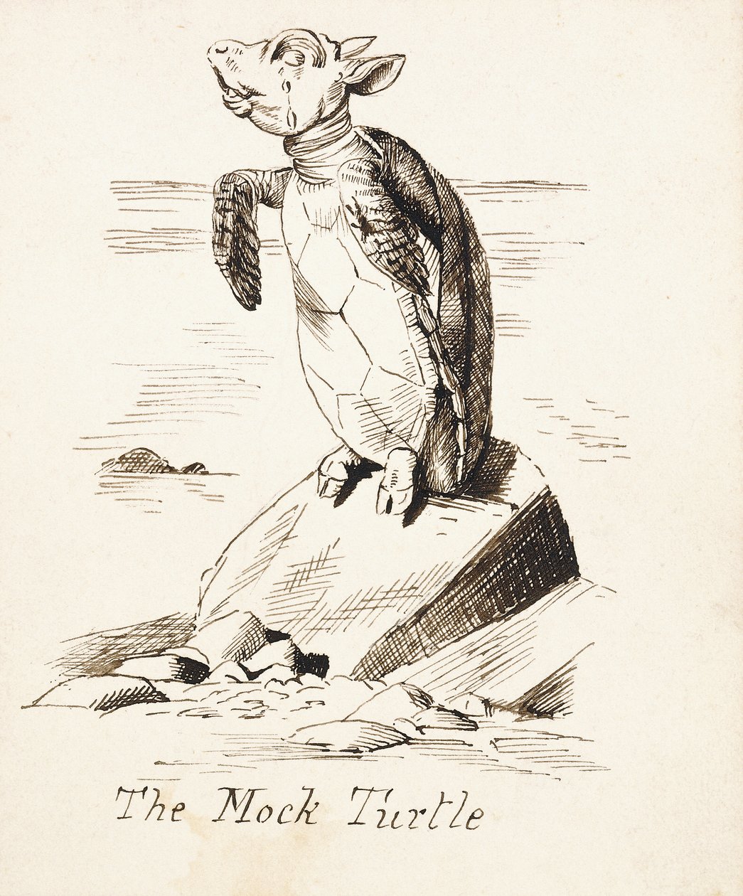Die falsche Schildkröte, die auf einem Felsen weint, ca. 1865 von John Tenniel