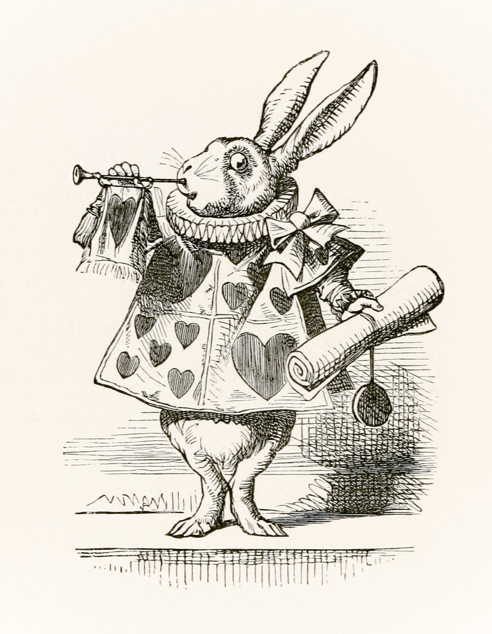 Das weiße Kaninchen mit Trompete und Schriftrolle, das die Anklage verkündet, aus 