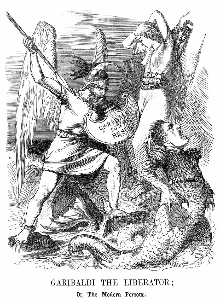 Vereinigung Italiens: Giuseppe Garibaldi (1807-1882), italienischer Patriot, erobert Sizilien und Neapel im Namen des neuen Königreichs Italien. John Tenniel Karikatur aus Punch, London von John Tenniel