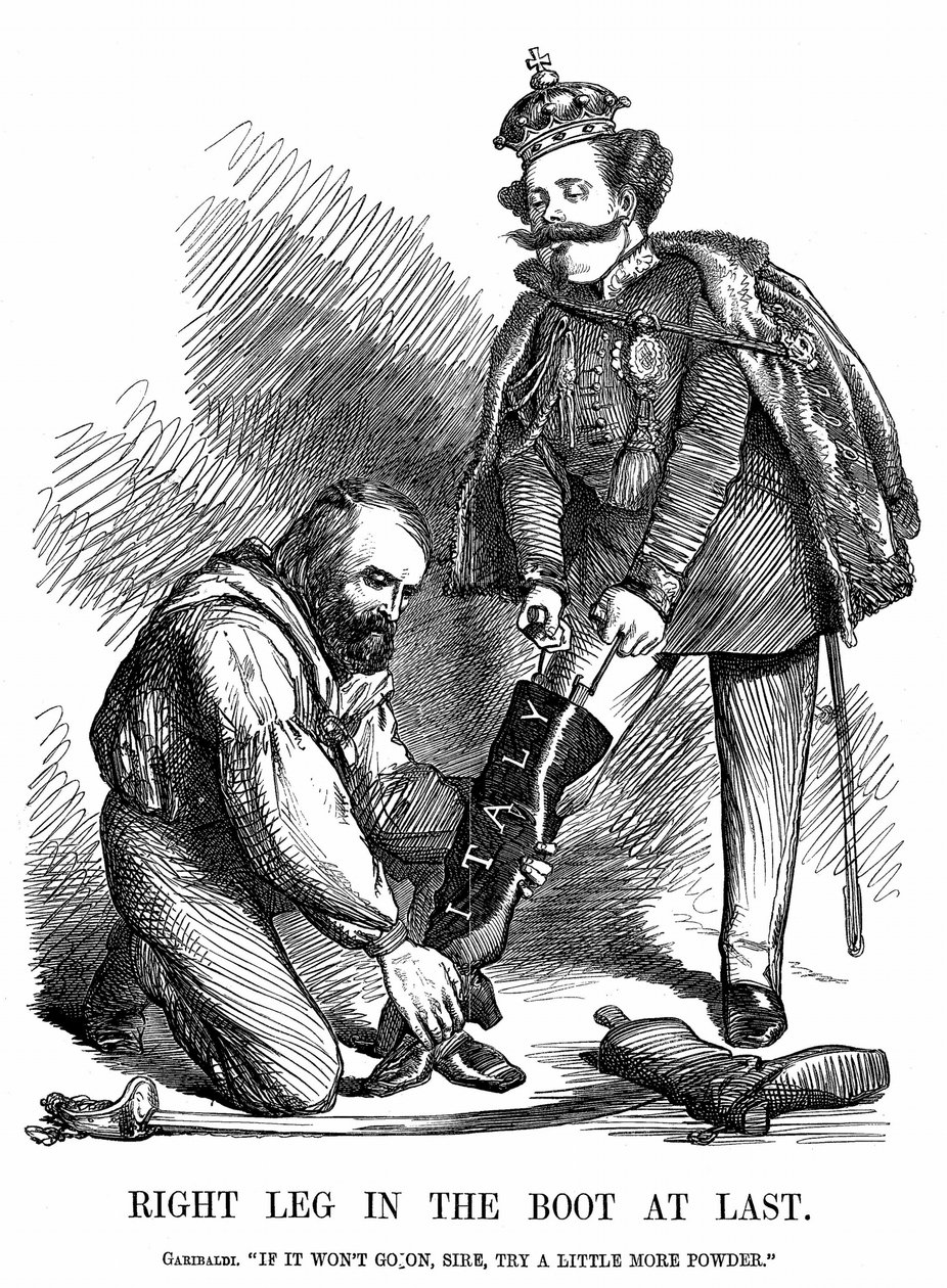 Vereinigung Italiens: Giuseppe Garibaldi (1807-1882) hilft Viktor Emanuel II. (1820-78) den Stiefel Italiens anzuziehen. John Tenniel Karikatur aus Punch, London von John Tenniel