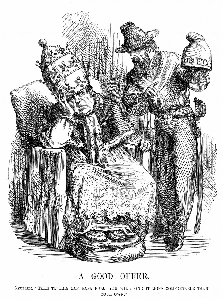 Vereinigung Italiens: Giuseppe Garibaldi (1807-1882) versucht, Papst Pius IX. zu überzeugen, dass die Freiheitsmütze viel bequemer wäre als die päpstliche Krone. John Tenniel Karikatur aus Punch, London, 29. September 1860. Holzstich. von John Tenniel