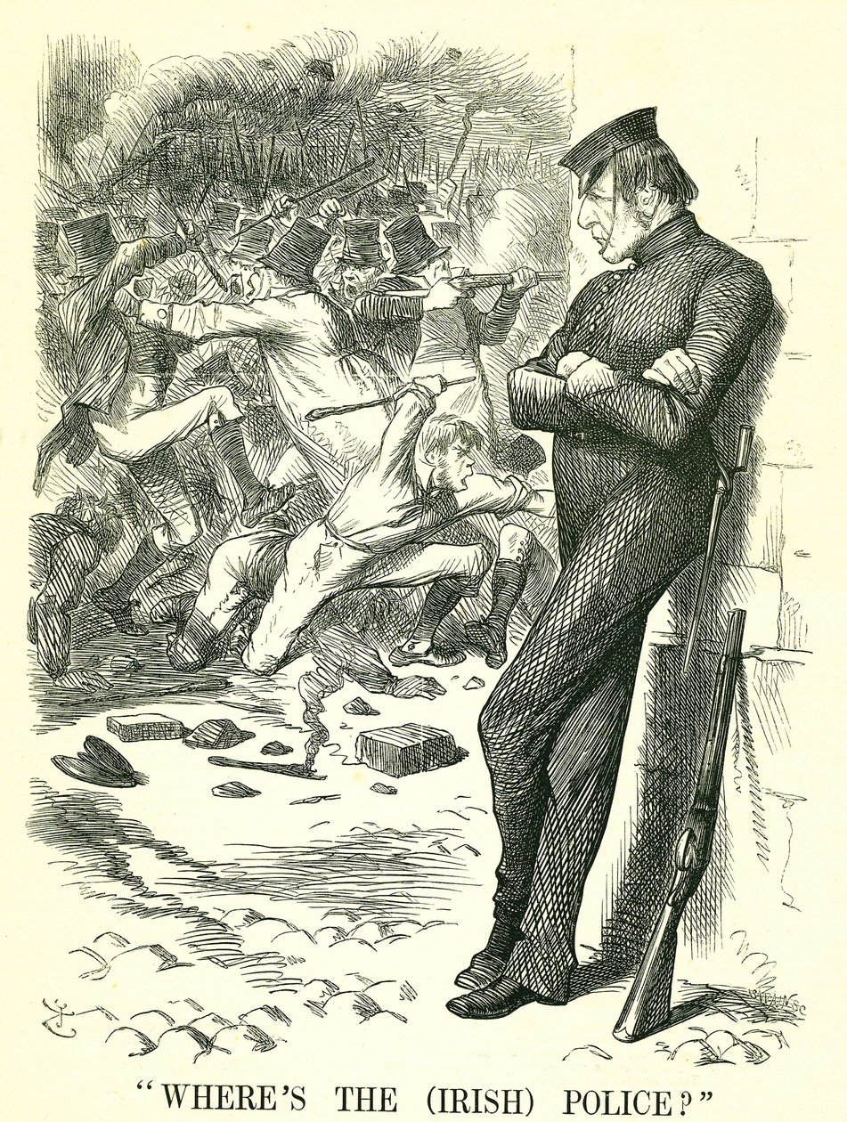 Wo ist die (irische) Polizei?: William Gladstone, britischer Premierminister, beobachtet die Unruhen in Irland und wartet darauf, einzugreifen. Im April wurde ein neues irisches Friedenssicherungsgesetz vom Parlament verabschiedet. John Tenniel Karikatur a von John Tenniel