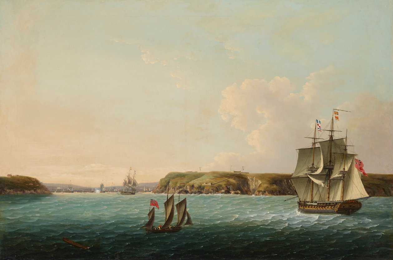Die Küste und der Eingang von Brest, mit der HMS Boadicea, die einem wiederholenden Fregatten das Signal der Anzahl der französischen und spanischen Schiffe im Hafen gibt von John Thomas Serres