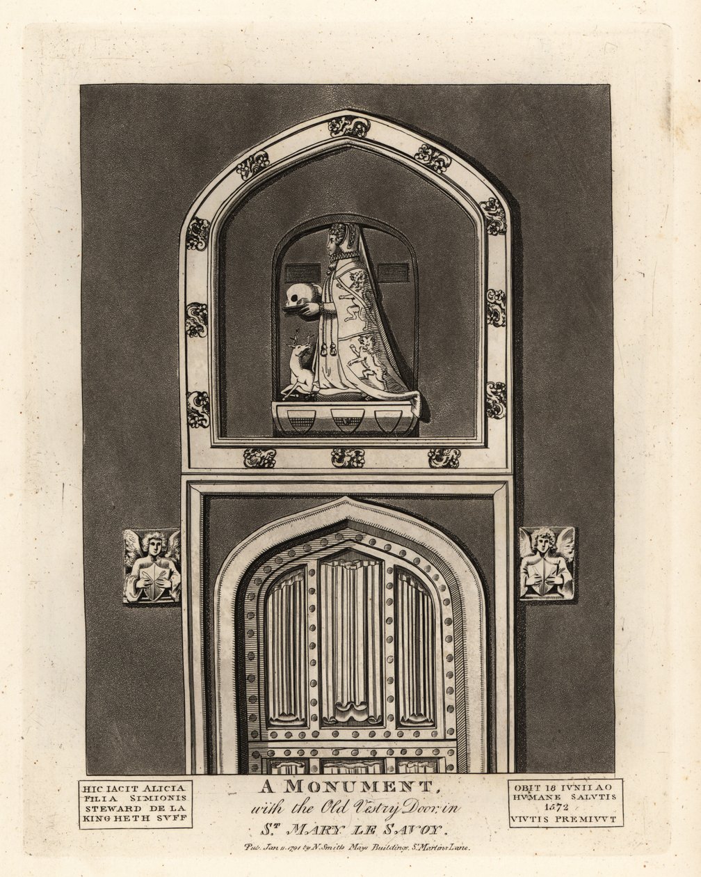 Grabfigur von Alicia, Tochter von Simon Steward, mit der alten Sakristeitür in St. Mary le Savoy von John Thomas Smith