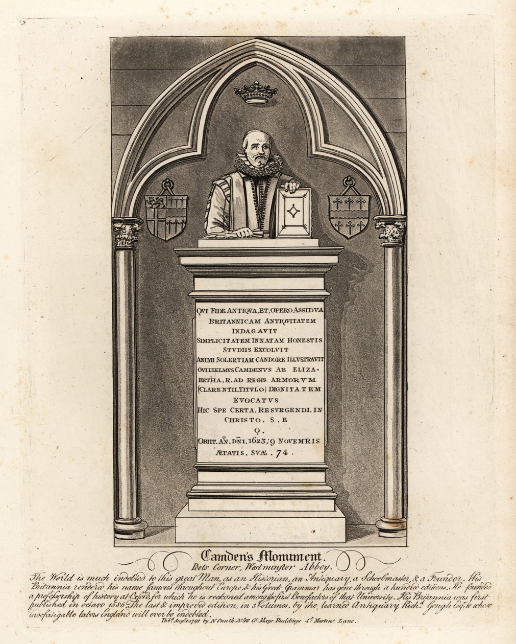 Grabdenkmal für den elisabethanischen Antiquar und Herold William Camden, gestorben 1623, in der Poets Corner, Westminster Abbey von John Thomas Smith