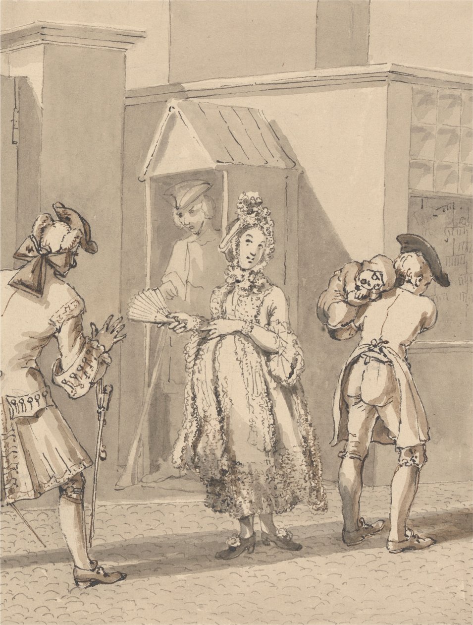 Hogarth trägt das kranke Kind seines Meisters um Leicester Fields. Der Boden von Leicester House. von John Thomas Smith