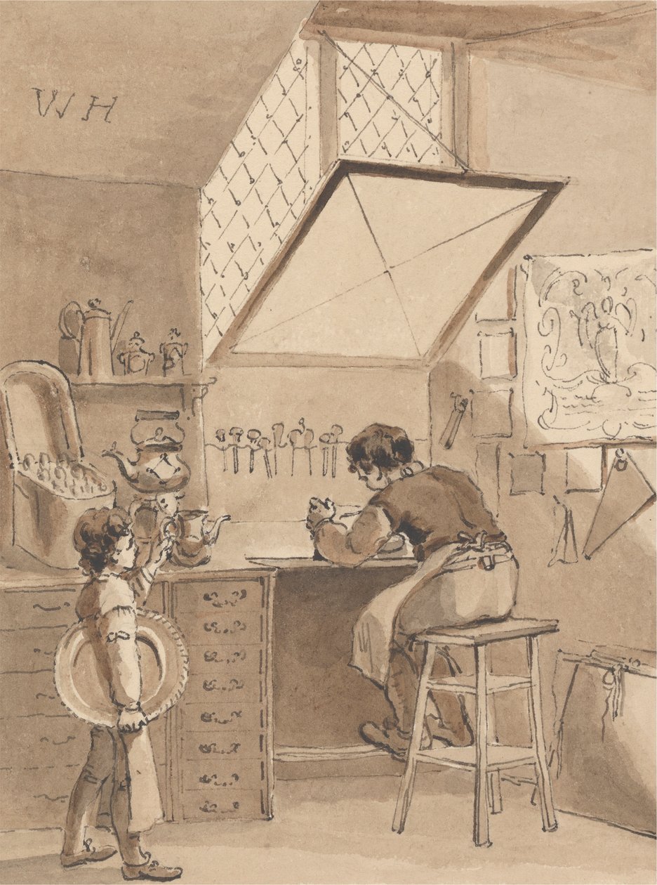 Hogarth graviert das Schild seines Meisters, das Zeichen des Engels von John Thomas Smith