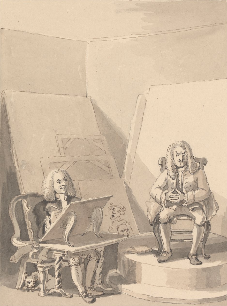 Hogarth Fertigt ein Porträt von H. Fielding für einen Buchhändler an, aus den Zügen von Garrick, der sich eine der Perücken des Autors für diesen Zweck ausgeliehen hat, da es kein echtes Porträt von ihm gibt von John Thomas Smith