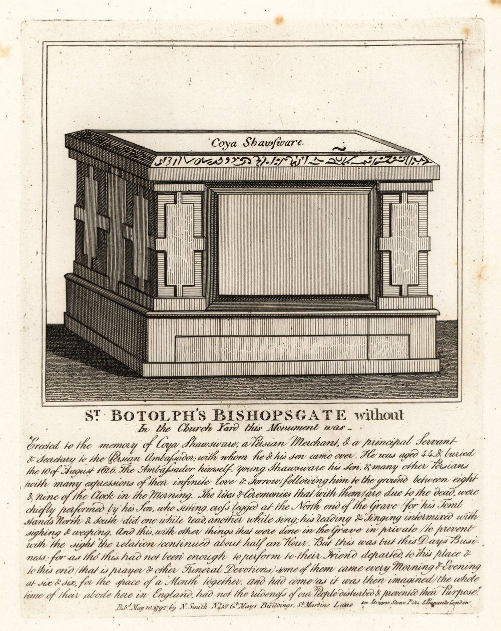 Muslimisches Grabdenkmal im Altarstil für Coya Shawsware oder Khwaja Shahsuwar (1582-1626), einen Kaufmann und Sekretär von Nogdi Beg, dem persischen Botschafter, ehemals in St Botolphs, Bishopsgate von John Thomas Smith