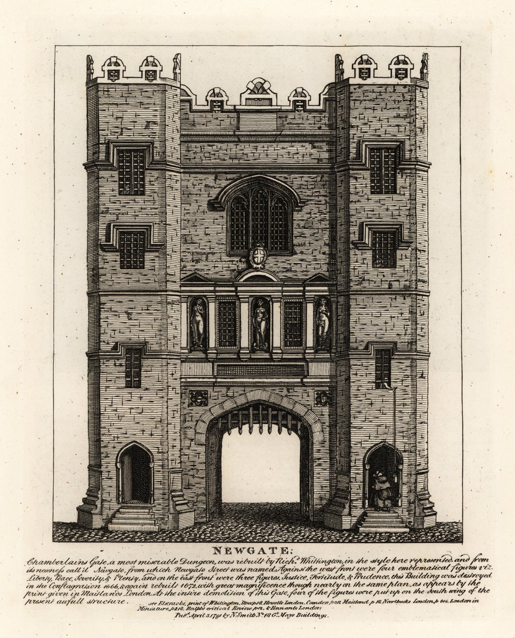 Newgate, wieder aufgebaut 1672 nach dem Großen Brand von London, mit drei Figuren: Gerechtigkeit, Tapferkeit und Klugheit vom ehemaligen Tor, das vom Bürgermeister von London Richard Whittington erbaut wurde von John Thomas Smith