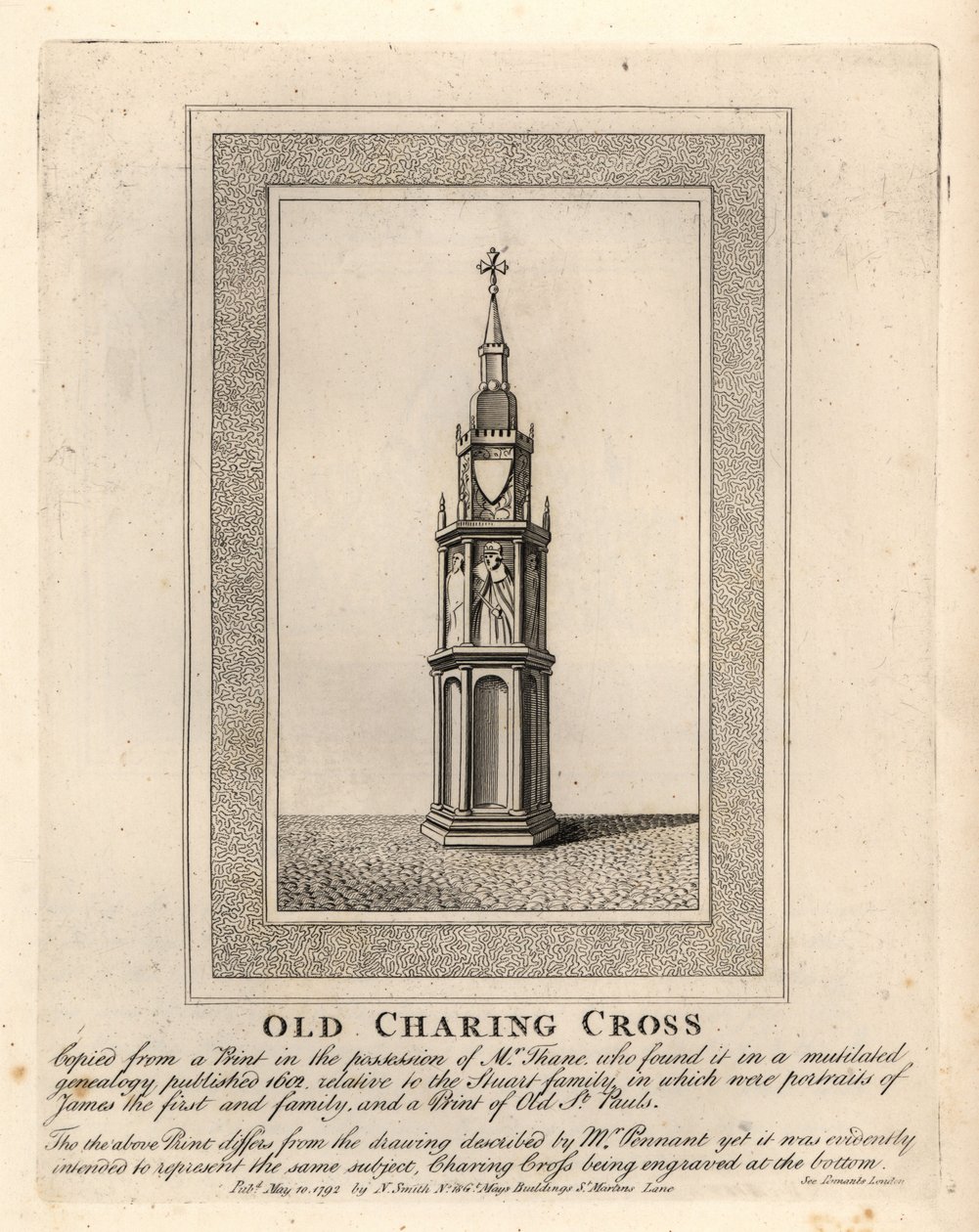 Altes Charing Cross, eines von 12 mittelalterlichen Eleanor-Kreuzen, errichtet in den 1290er Jahren bis zu seiner Entfernung im Jahr 1647 von John Thomas Smith