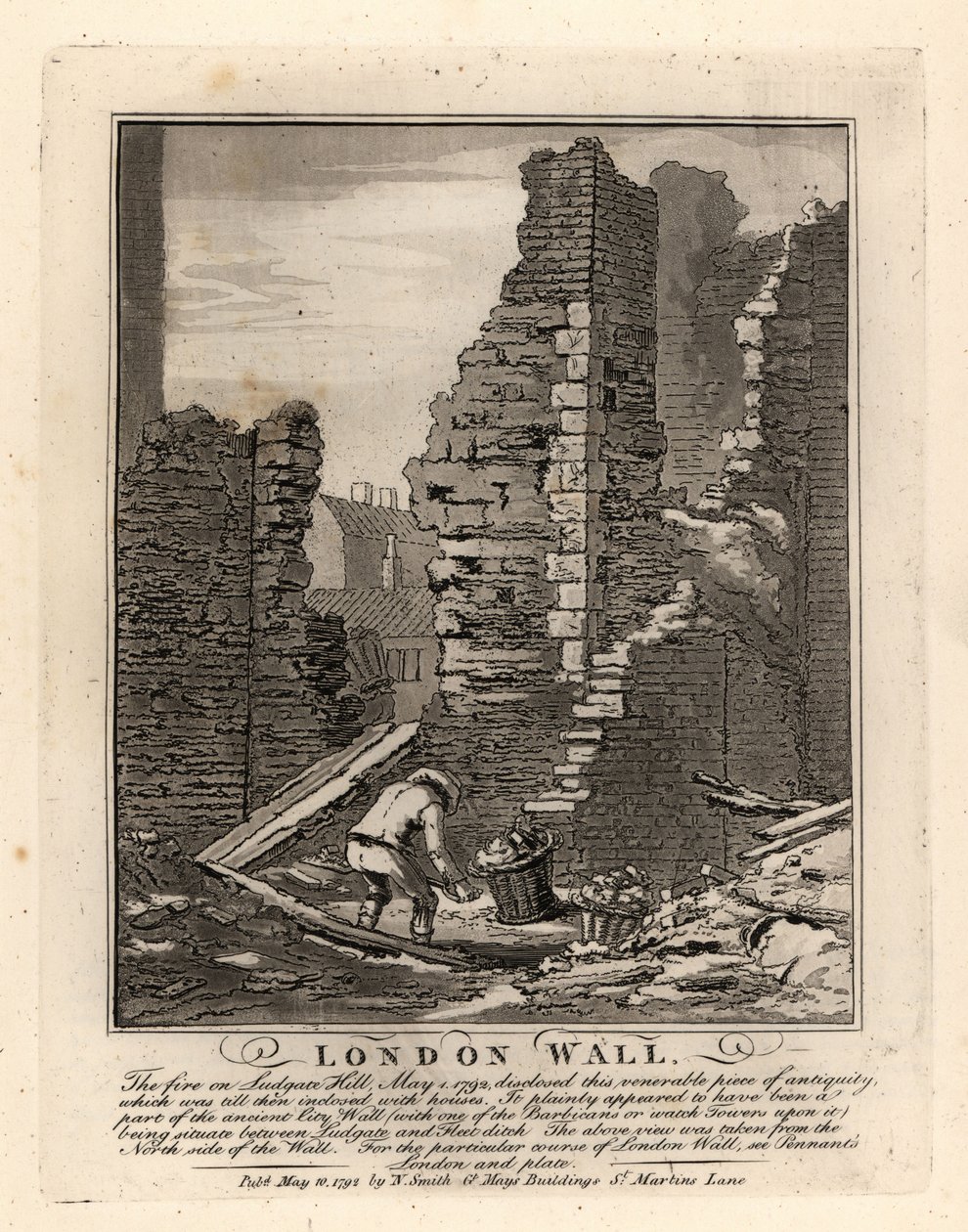 Ruinen der römischen Londoner Mauer, freigelegt durch das Feuer im Mai 1792 auf dem Ludgate Hill von John Thomas Smith