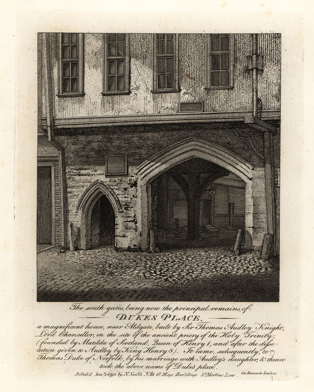 Die Ruinen der Südlichen Tore von Dukes Place, gebaut von Sir Thomas Audley (1488-1544) in der Nähe von Aldgate von John Thomas Smith