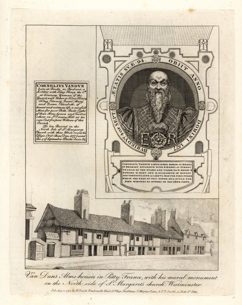 Van Dun’s Armenhäuser in Petty France, mit seinem Wanddenkmal in der St. Margaret’s Kirche, Westminster von John Thomas Smith