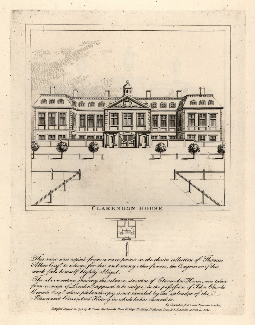 Ansicht von Clarendon House von der St James Straße, aus einem seltenen Druck in der Sammlung von Thomas Allen von John Thomas Smith