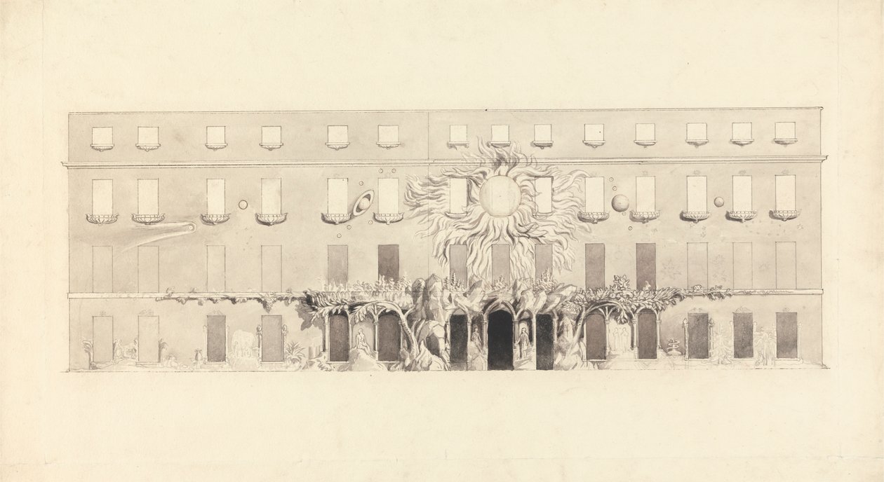 Architektonische Zeichnung eines Gebäudes mit astrologischen Symbolen von John Varley