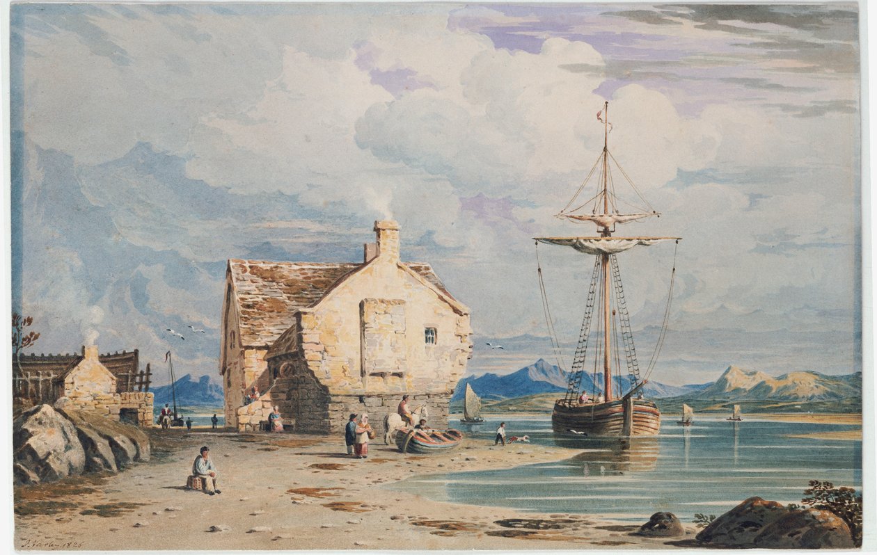 Tegwin-Fähre mit Snowdon in der Ferne, von nahe Harlech, Nordwales, 1826 von John Varley