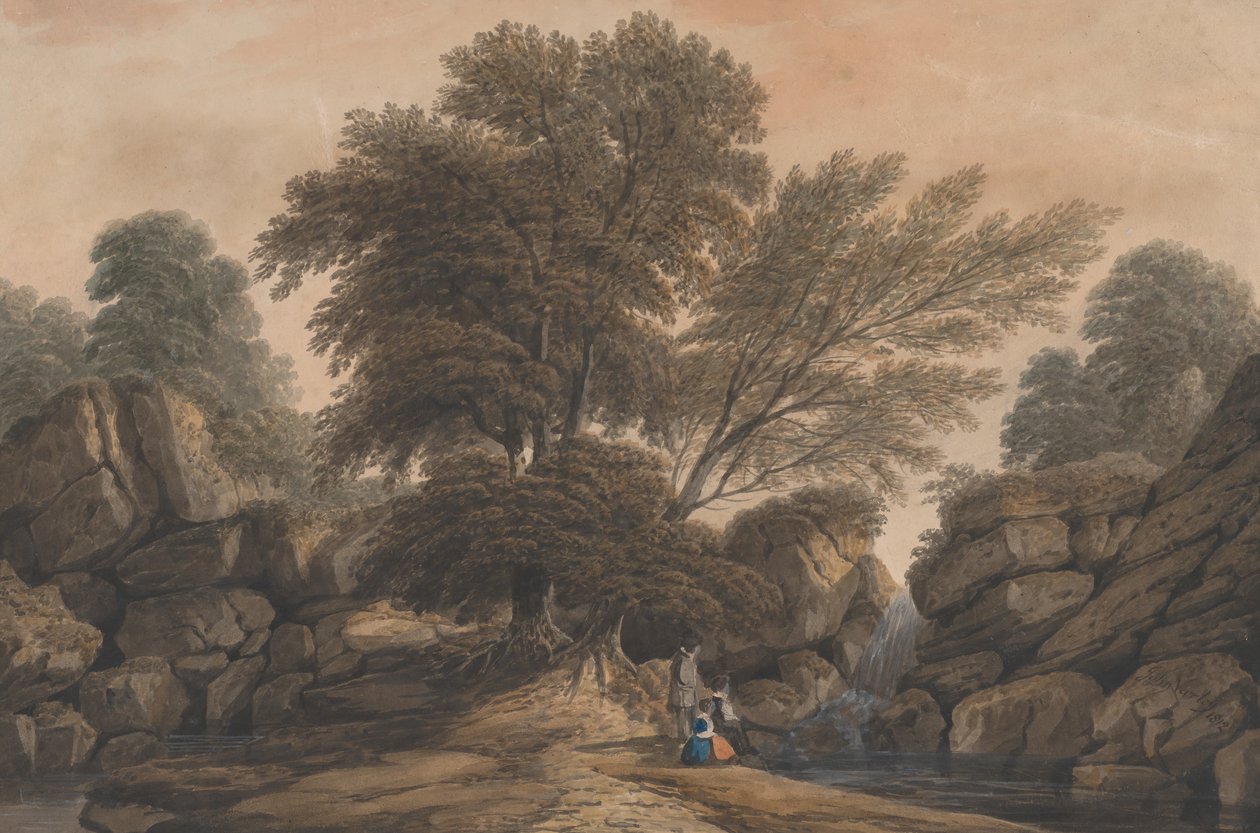 Figuren neben einem Wasserfall und Teich in einer bewaldeten Landschaft von John Varley I