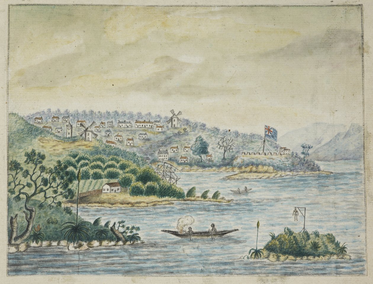 Eine Ansicht einer britischen Kolonie. Im Vordergrund Eingeborene in einem Kanu, aus einem Tagebuch an Bord des Minerva-Transports, von Irland nach New South Wales und Bengalen, von John Washington Price von John Washington Price