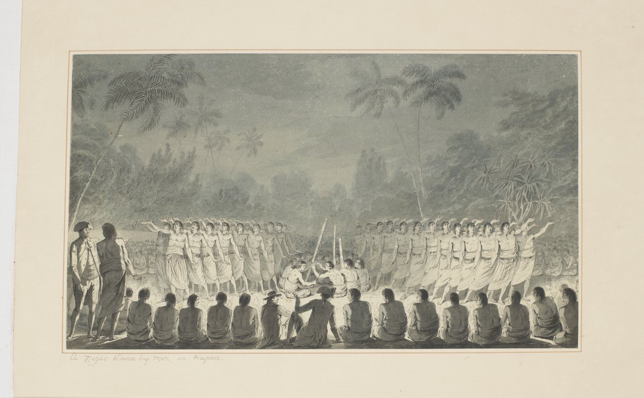 5: Ein nächtlicher Tanz von Männern in Hapaee, aus einer Serie von Aquarellen, die Captain Cooks letzte Reise illustrieren, ca. 1773-84 von John Webber
