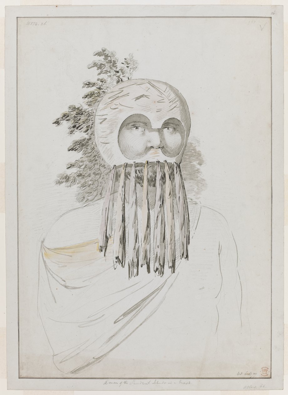 Ein Mann von den Sandwichinseln in einer Maske. Ein Mann von den Sandwichinseln in einer Maske, bestehend aus einer Schüsselkopfbedeckung mit Ausschnitten für die Augen. von John Webber