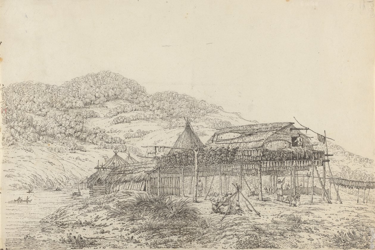 Die Balagans oder Sommerbehausungen, mit der Methode des Fischtrocknens, in St. Peter und Paul, Kamtschatka von John Webber