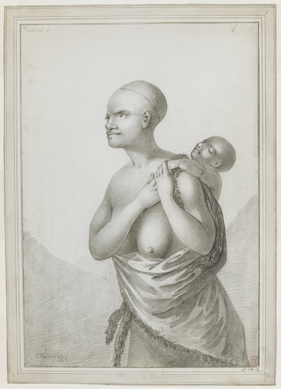 [Ganzes Zeichnung] Eine tasmanische Frau, die ein Kind auf ihrem Rücken trägt, mit einer Haut von ihrer linken Schulter um ihre Taille geschlungen. Januar 1777 von John Webber