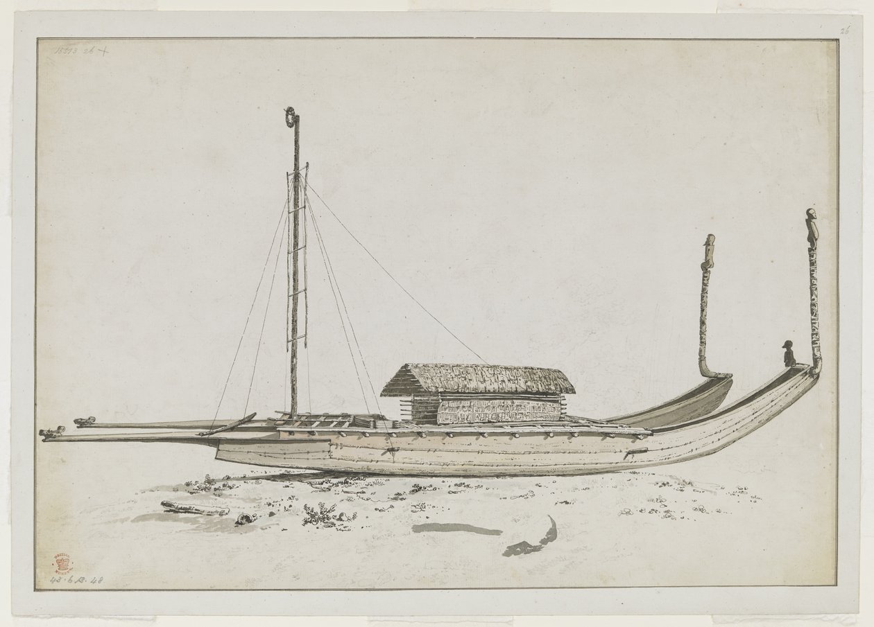 Ein doppeltes Reisekanu von Otaheite [Tahiti], mit aufwendigen Schnitzereien von John Webber