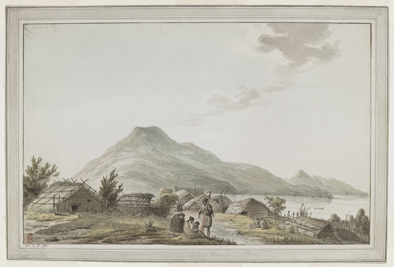 [Gesamte Zeichnung] Ansicht des Hippah, oder befestigtes Dorf, am südwestlichen Punkt von Motuara im Queen Charlotte Sound. Die Ansicht blickt nach Norden, mit Motuara im Hintergrund. Die Zeichnung könnte aus Captain Cooks Besuch am 15. Februar 1777 result von John Webber